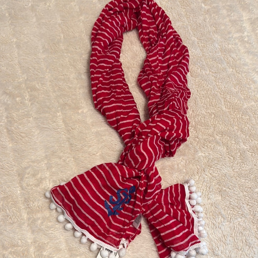 Patriotic Red and White Striped Scarf with Pom Poms nautical. Patriotic